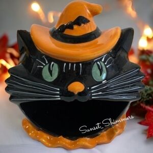 POTTER'S Studio Halloween Retro Black Cat Witch Hat Wide Mouth Candy Treat Jar